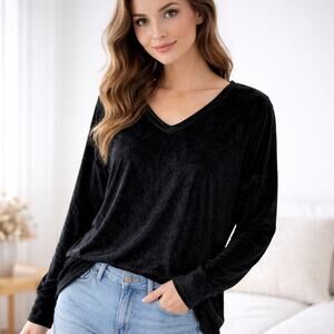Hard Tail Forever Top Medium Black Velour High Low Pullover Cozy Soft
